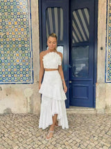 nina Ruffled strapless top floral embroidered mermaid skirt set - white