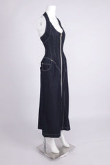 haltered corseted midi dress denim in navy blue