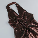 nora brown Sequin halterneck deep V high waist flared jumpsuit