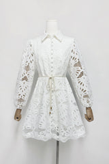 lapel hollow embroidery puff sleeve mini dress in white