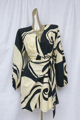 oceanic swirl v-neck puff sleeve mini dress