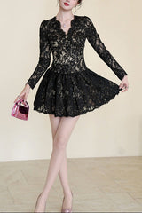 sabrina black lace hollow long sleeve a-line mini dress