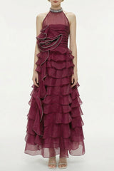 samantha Red 3D Petal Ruffled rhinestone embellished Maxi Dress