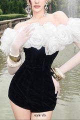 off-shoulder 3D flower bodycon jumpsuit in black