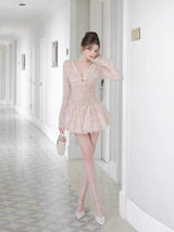 eileen Long-sleeve v-neck lace A-line mini dress in pink