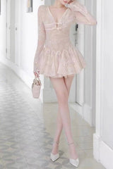 eileen Long-sleeve v-neck lace A-line mini dress in pink