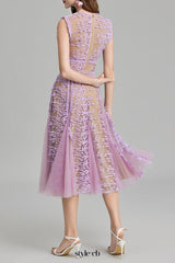 phoenix 3d Embroidered lace mesh midi dress in purple