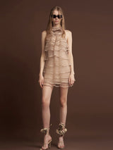 Chiffon Sleeveless Ruffle Mini Dress in khaki