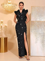 nelly Beading detail ruffle high slit maxi dress in black