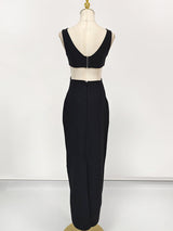 flower V-neck Hollow Out maxi Dress in black