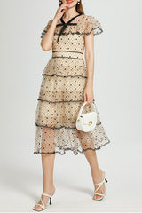 floral Embroidery pleated mesh midi dress in apricot