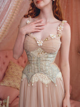 heloise lace mesh flower detail maxi dress in cream pink