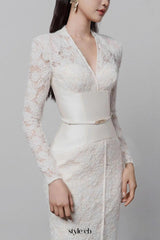 kimberley white v-neck lace patchwork midi dress