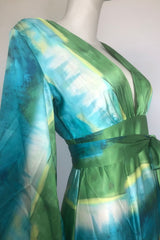 Green multicolor floral print puff sleeve maxi dress