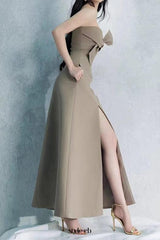 alberta bowknot strapless slit midi dress in grey green
