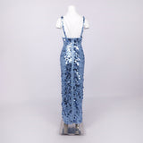 roberta Deep V-Neck Sequin Column Gown in blue