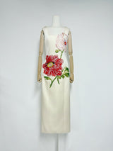 nicola square neck flower embroidery satin maxi dress in apricot