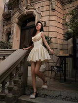 bernice backless pleated puffy Mini Dress - Champagne