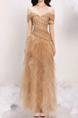 tulle tube top with rippling pattern maxi dress in Khaki