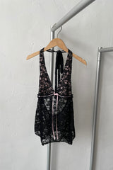 backless Sheer Lace Halter Top in black