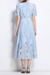 dana hollow embroidery lace midi dress in blue