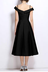 meroy off-shoulder satin pleated midi dress in black