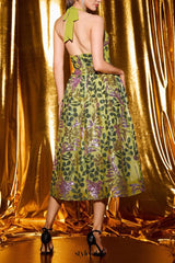 penny v-neck flower appliqué backless midi dress in green