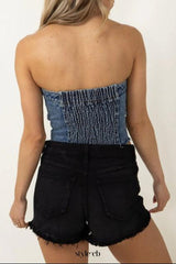 8-button denim tube top in blue