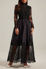 lila flowerr lace embroidery maxi dress set in black
