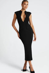 nellie v-neck bodycon midi dress in black