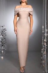 belen Pearl Beaded strapless maxi Bandage Dress in apricot