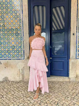 nina Ruffled strapless top floral embroidered mermaid skirt set - pink