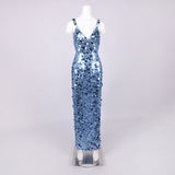 roberta Deep V-Neck Sequin Column Gown in blue