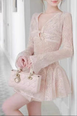 eileen Long-sleeve v-neck lace A-line mini dress in pink