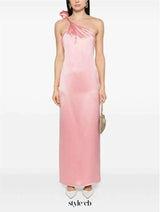 yvonne one-shoulder 3d flower satin maxi dress in pink