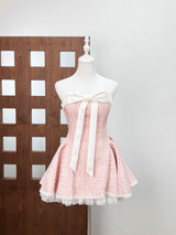 Bow woven lace tube top mini dress in pink