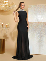 amy Mesh stitching diamond high collar bandage maxi dress in blackx