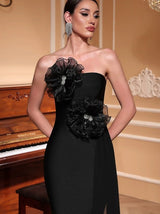 venus 3d flower rhinestone strapless midi dress in black