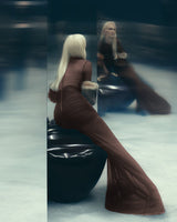 long sleeve mesh insert draped maxi dress