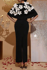 aurora Cape Sleeve back flower maxi Dress in black