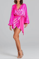 Irregular sequin slit mini dress in rose red