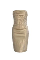 lauren pleated strapless back slit mini dress in gold