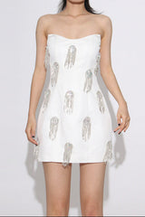 Flor Sleeveless Diamond Tassels Mini Dress in white
