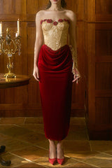 claire Wild Rose Corset maxi Dress - gold / red