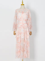 puff long sleeve tiered ruffle hem maxi dress in pink