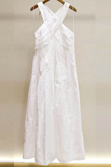 High crossover V-neck pleated maxi dress in white