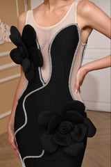 Diamond 3D Flower Sequin Bandage maxi Dress in black