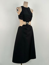 anila pearl chain embellished midi dress in black