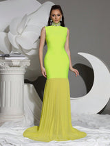 amy Mesh stitching diamond high collar bandage maxi dress in green