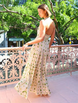 halter neck backless layered floral print maxi dress in green